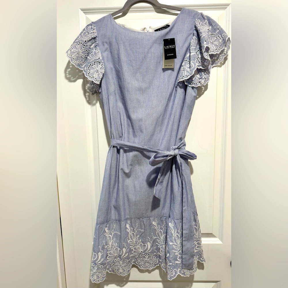 Lauren by Ralph Lauren blue & white striped dress with ruffle sleeves.